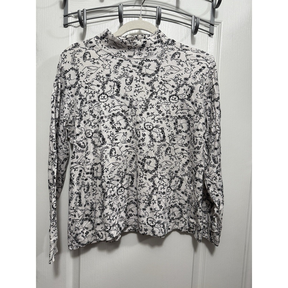 Lands End Top‎ Womens MP Medium Petite White Forest Animal Print Mock Neck Shirt
